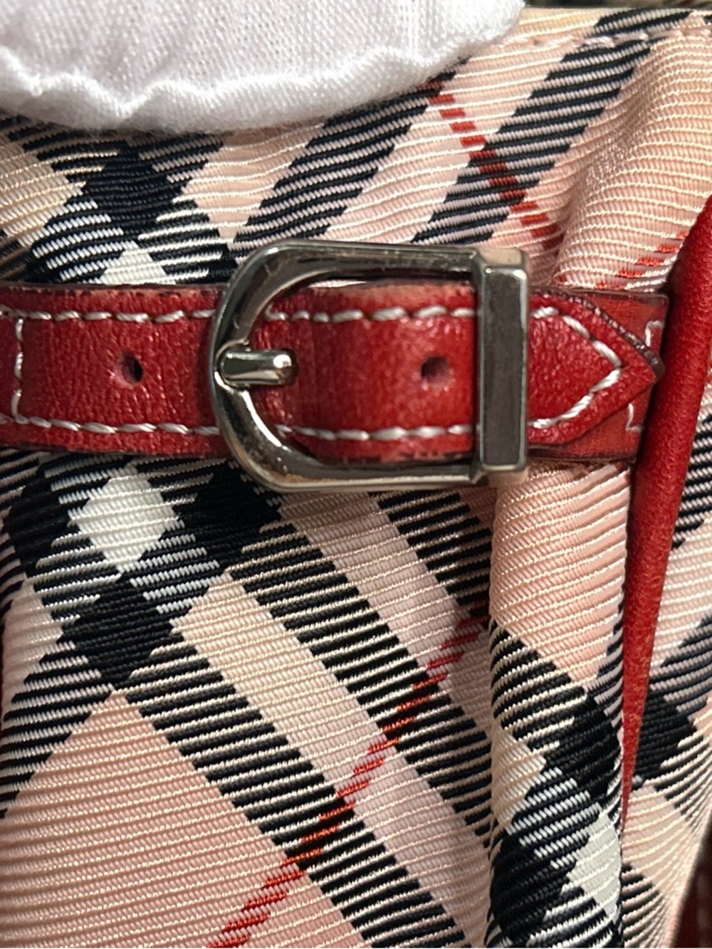 Vintage Burberry Nova Check Tote Bag Red Leather Trim Beige Plaid Shoulder Bag - Picture 10 of 13